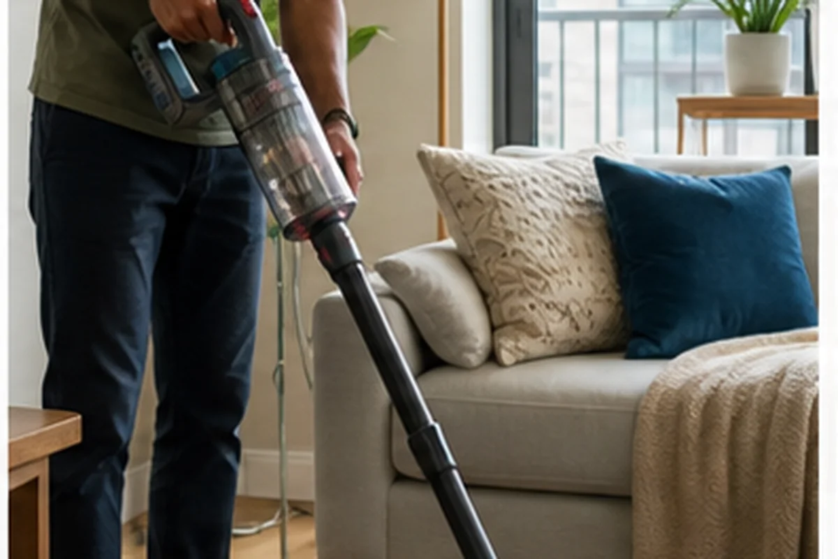 A person using a cordless vacuum beside a sofa in a compact apartment