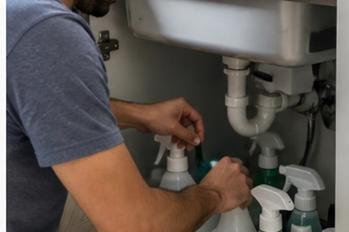 Person organizing cleaning bottles beneath a kitchen sink with adjustable shelves
