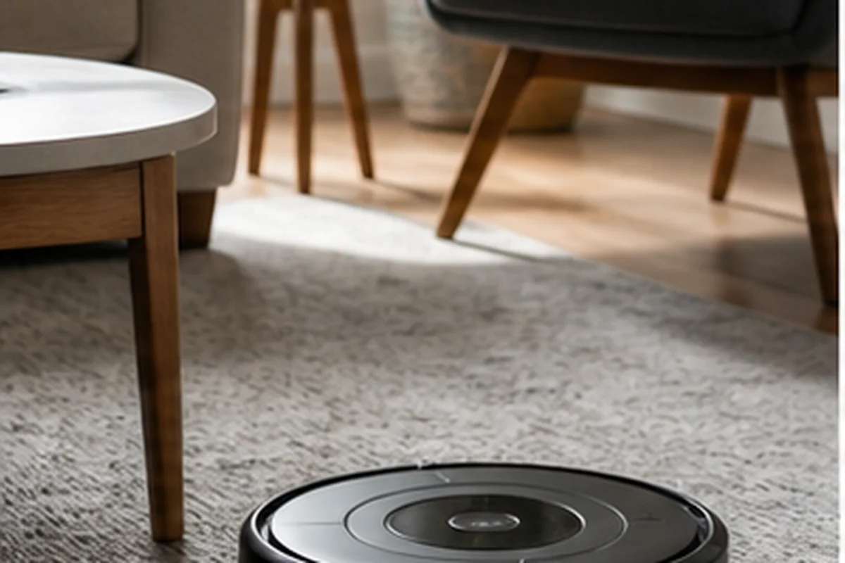 Robot vacuum cleaning a lived-in living room with rugs and chair legs