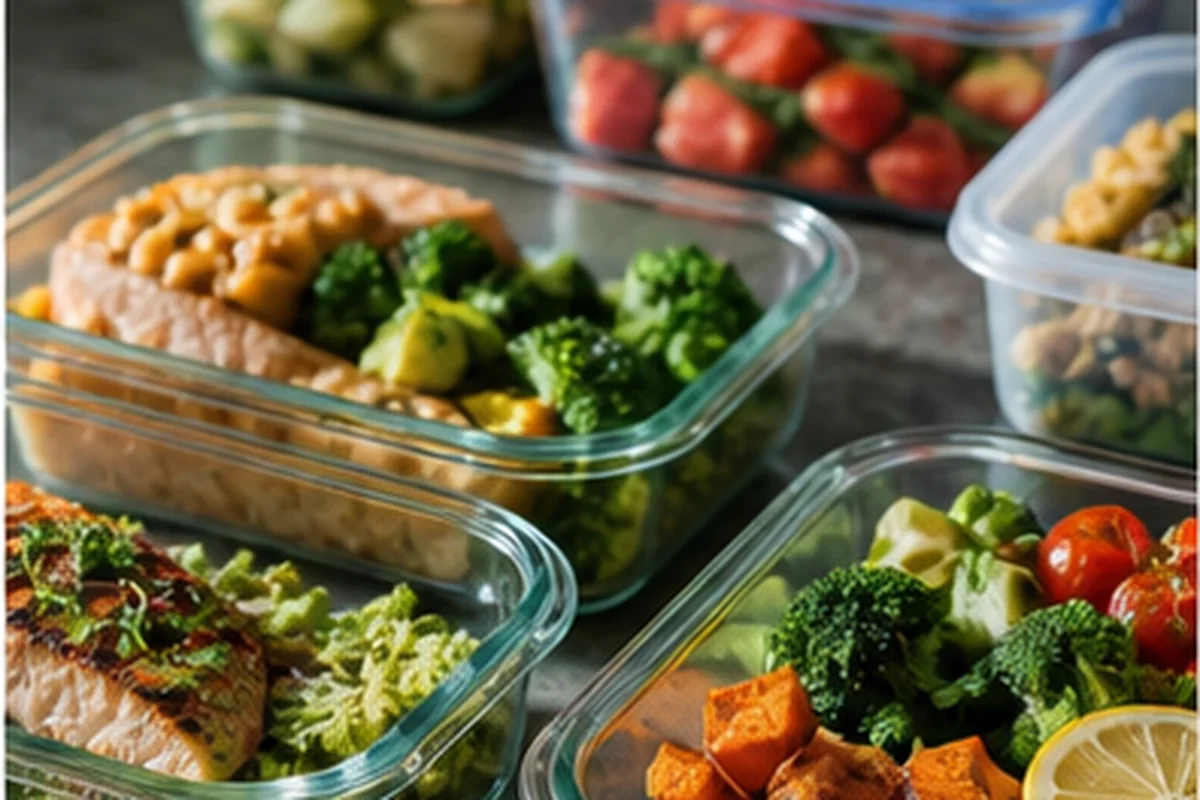 Meal-prep containers arranged on a kitchen counter with grains and vegetables