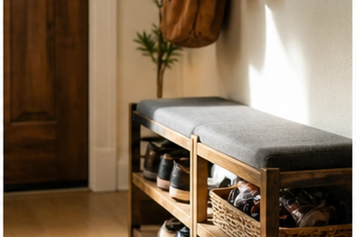 Small apartment entryway with a slim shoe rack, bench and everyday shoes