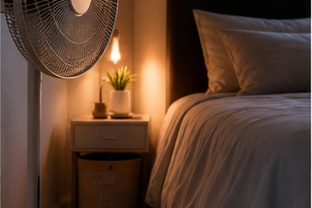 Quiet pedestal fan beside a neatly made bed at dusk