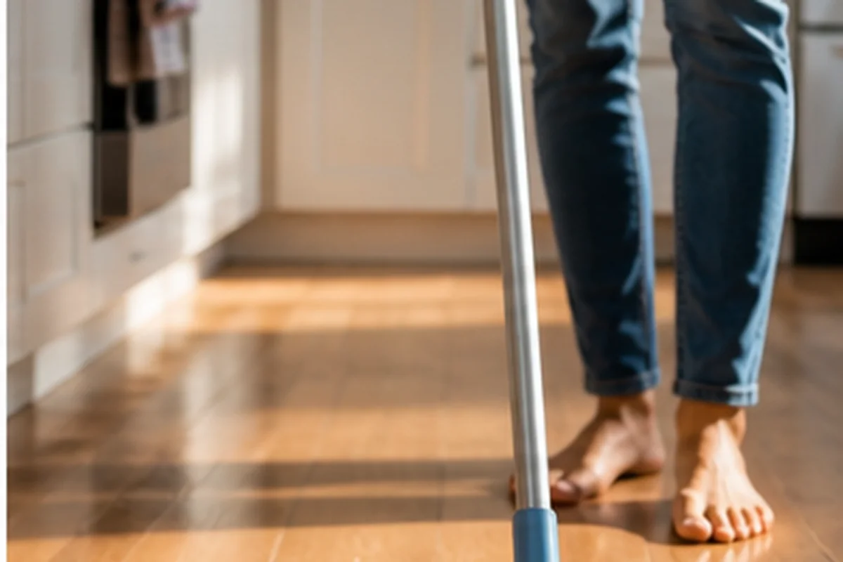 Person mopping a sunlit kitchen floor with a reusable flat mop