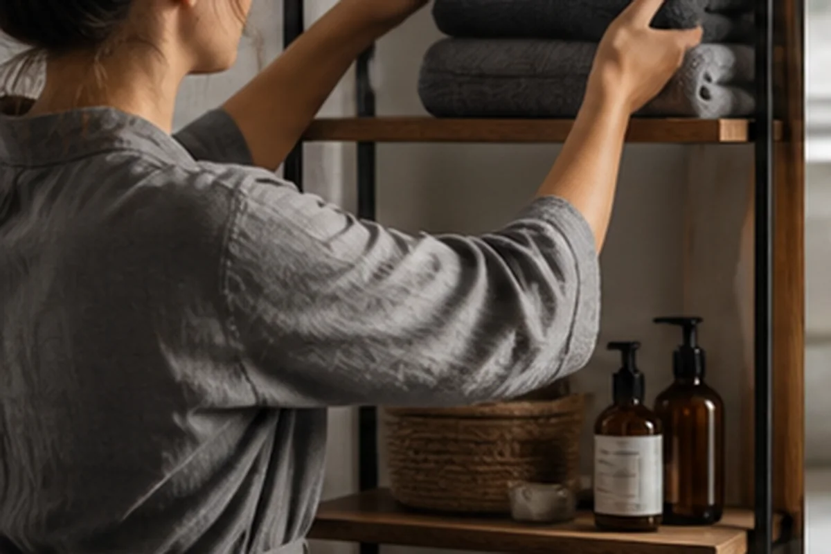 Renter arranging towels and toiletries on a slim bathroom shelf