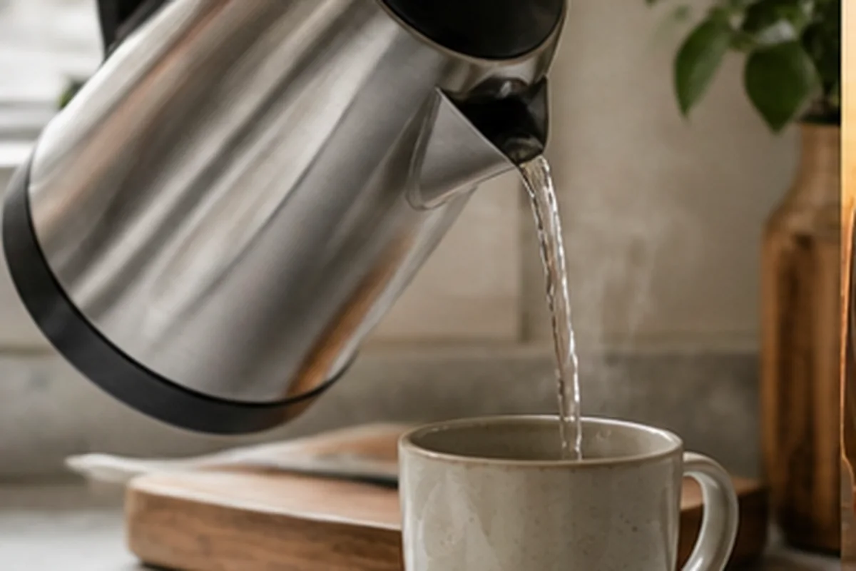 Electric kettle pouring hot water into a mug on a morning kitchen counter