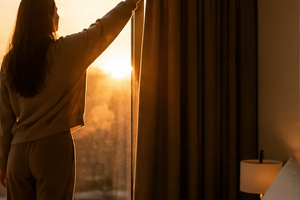 Bedroom with warm blackout curtains being drawn at sunset