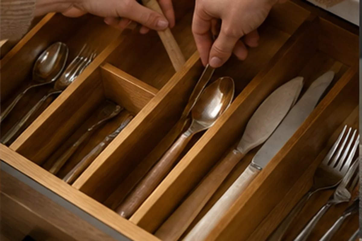 Hands arranging utensils in an organized kitchen drawer with bamboo dividers