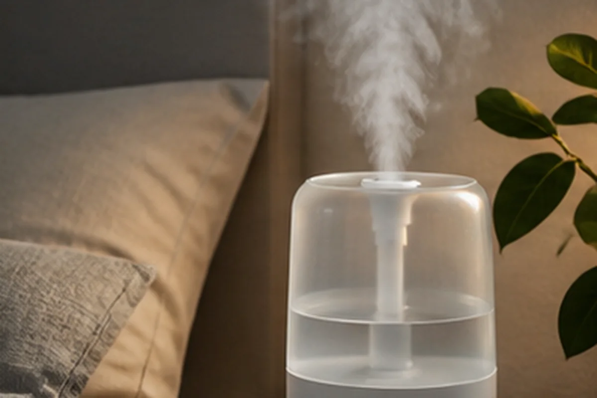 Compact humidifier on a bedside table in a calm bedroom
