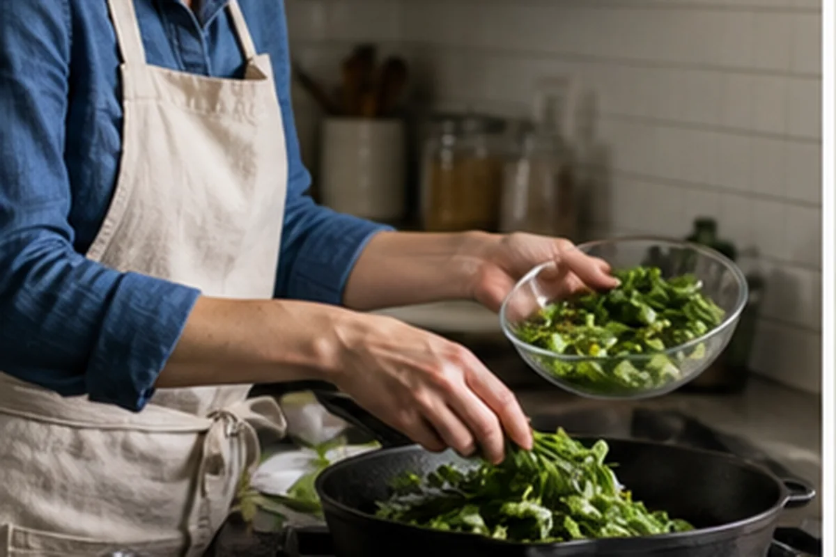 Home cook preparing vegetables with cast iron and stainless skillets on a stove