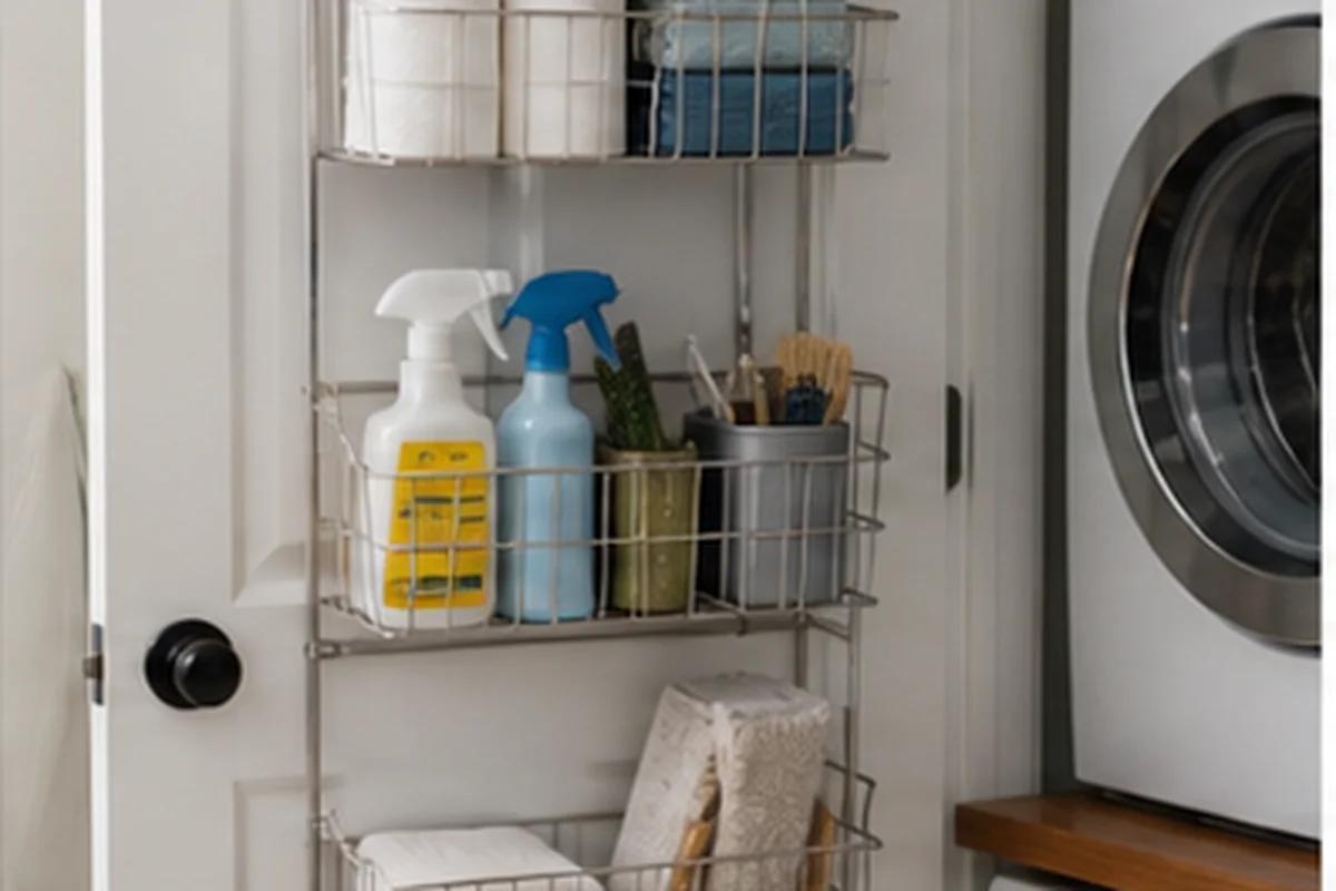 Over-the-door organizer holding household supplies in a laundry room