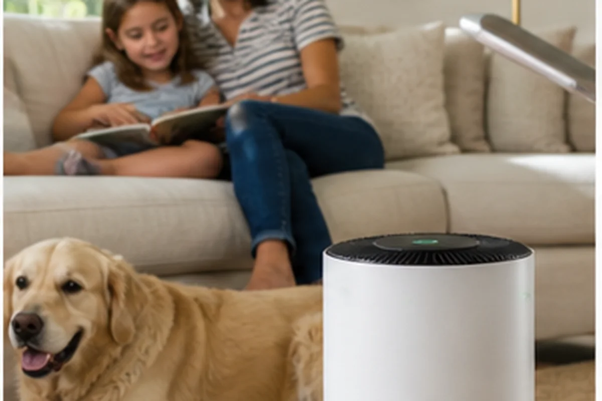 Air purifier running beside a sofa in a bright family living room