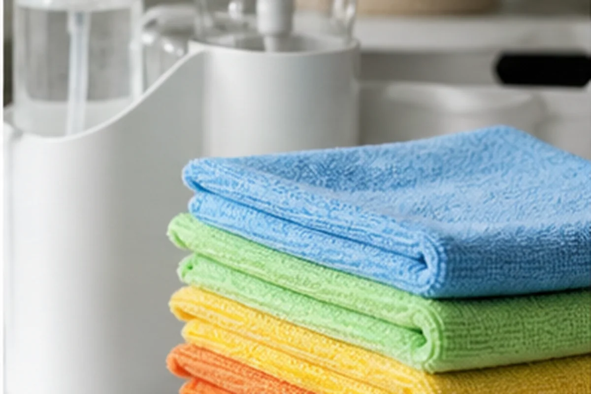 Color-coded microfiber cloths beside natural cleaning supplies on a counter