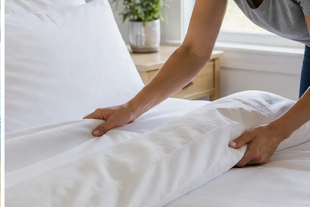Person making a bright bed with crisp breathable cotton sheets